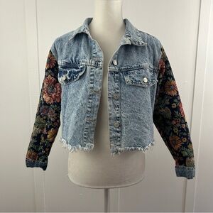 Kroix womens jean jacket crop floral tapestry sleeves size M